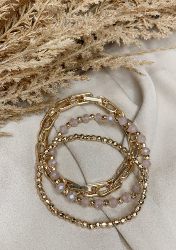 IN LOVE GOLD & PINK BEADED 3PC BRACELET